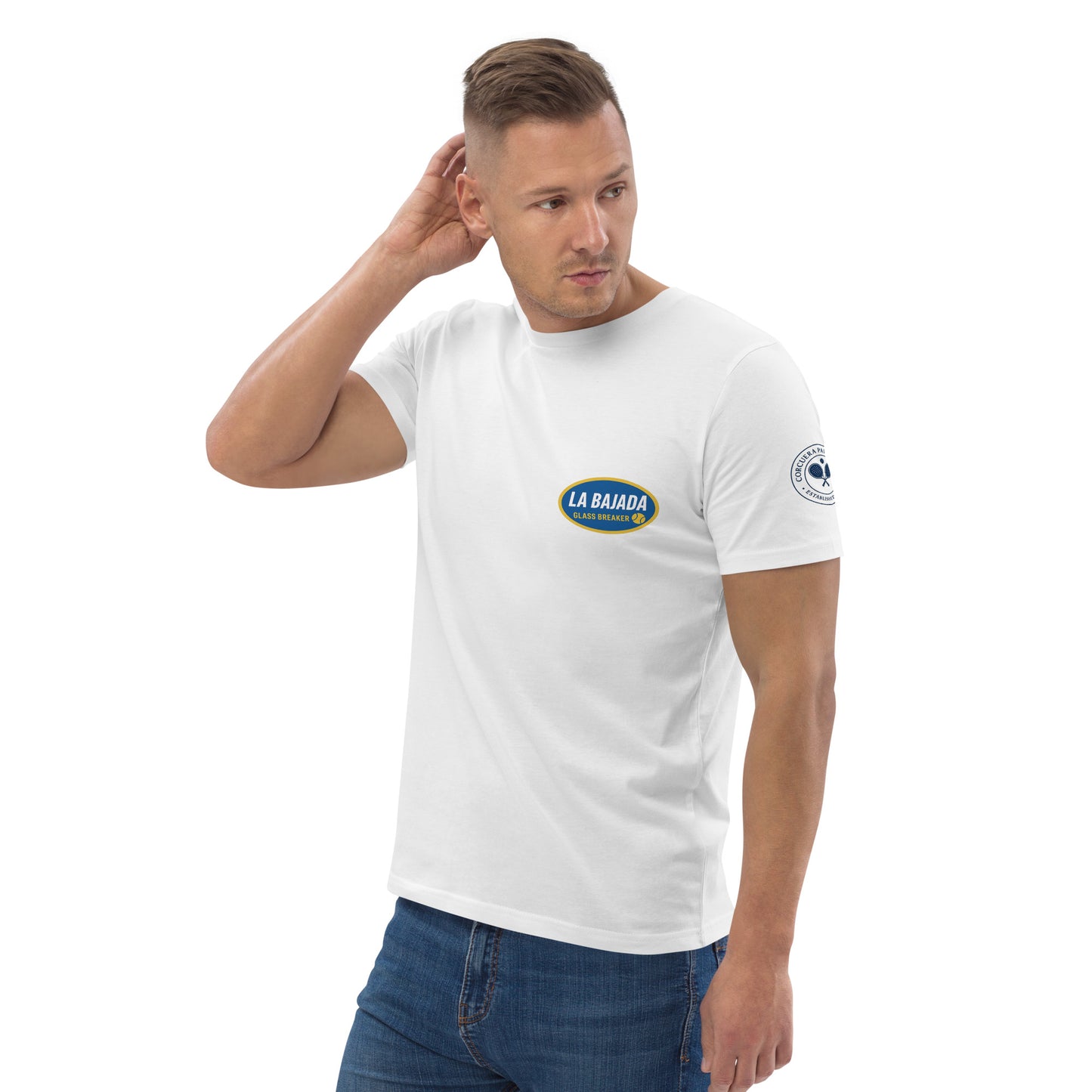 Model wearing the Unisex Organic Cotton T-Shirt by Corcuera Padel Club - Sustainable Padel Appare