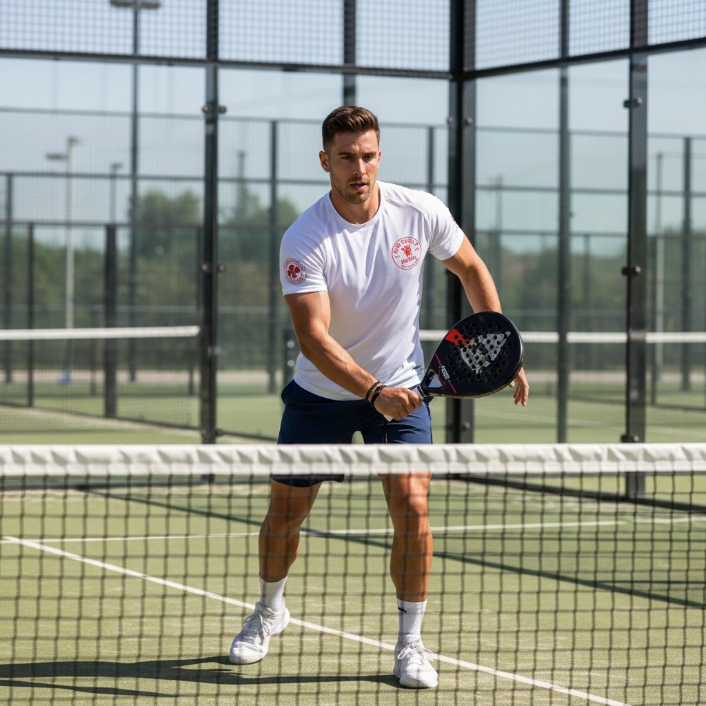 Old Trafford Man playing paddle tennis on a court with a net in the foreground