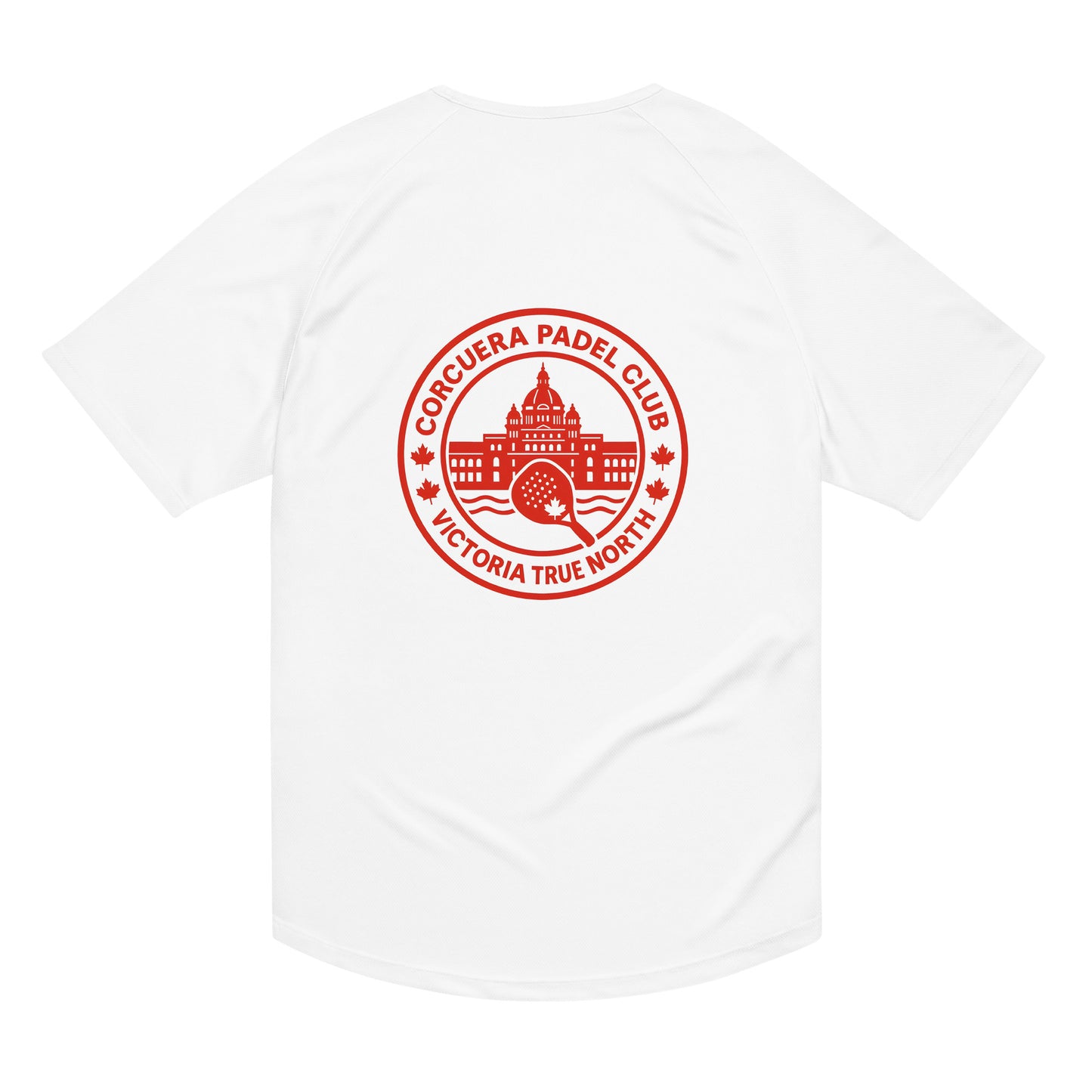 True North Canada Padel Club Players T-Shirt with bold maple leaf design, premium breathable cotton blend, unisex athletic fit by Corcuera Padel Club. Back