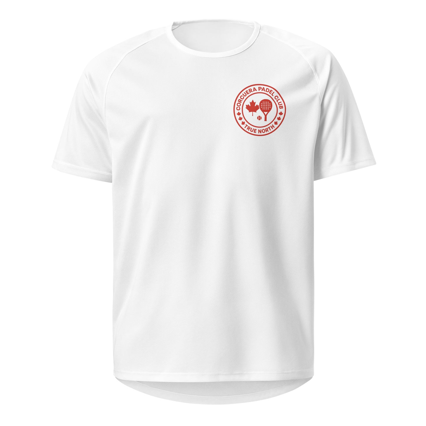 True North Canada Padel Club Players T-Shirt with bold maple leaf design, premium breathable cotton blend, unisex athletic fit by Corcuera Padel Club.