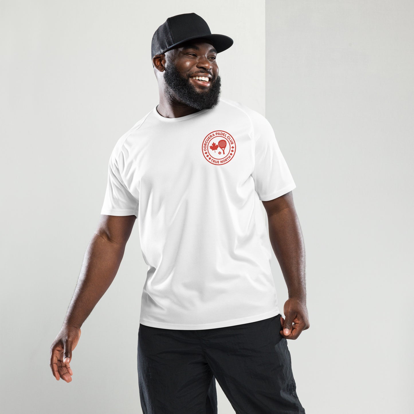 Man wearing True North Canada Padel Club Players T-Shirt with bold maple leaf design, premium breathable cotton blend, unisex athletic fit by Corcuera Padel Club.