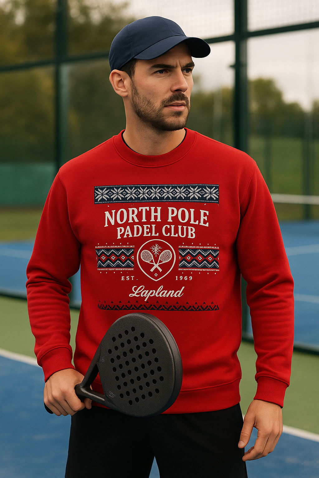 Man wearing a red sweatshirt with 'North Pole Padel Club' design on a tennis court.