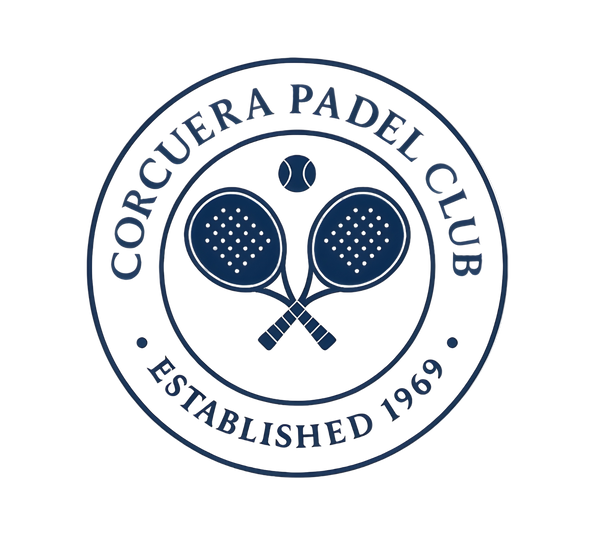 Logo of Corcuera Padel Club with crossed paddles and a ball on a white background