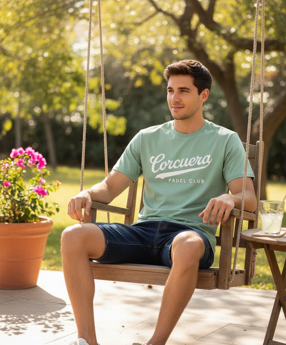 Man sitting on a swing in a garden wearing a green t-shirt with 'Cercuera' branding.