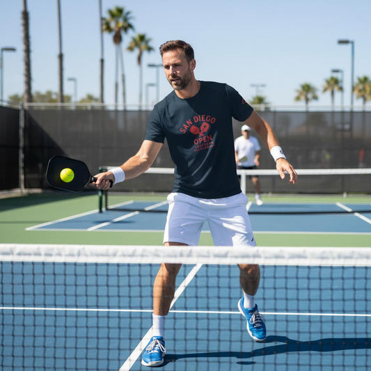 San Diego Pickleball Club -Man playing pickleball on a court with palm trees in the background