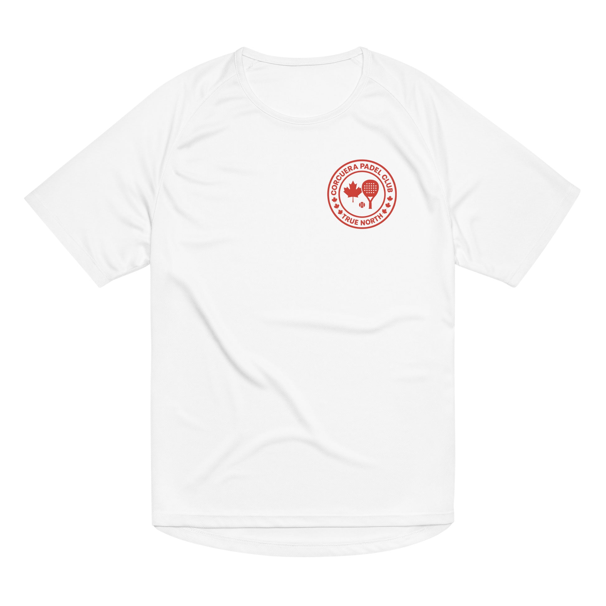 True North Canada Padel Club Players T-Shirt with bold maple leaf design, premium breathable cotton blend, unisex athletic fit by Corcuera Padel Club.
