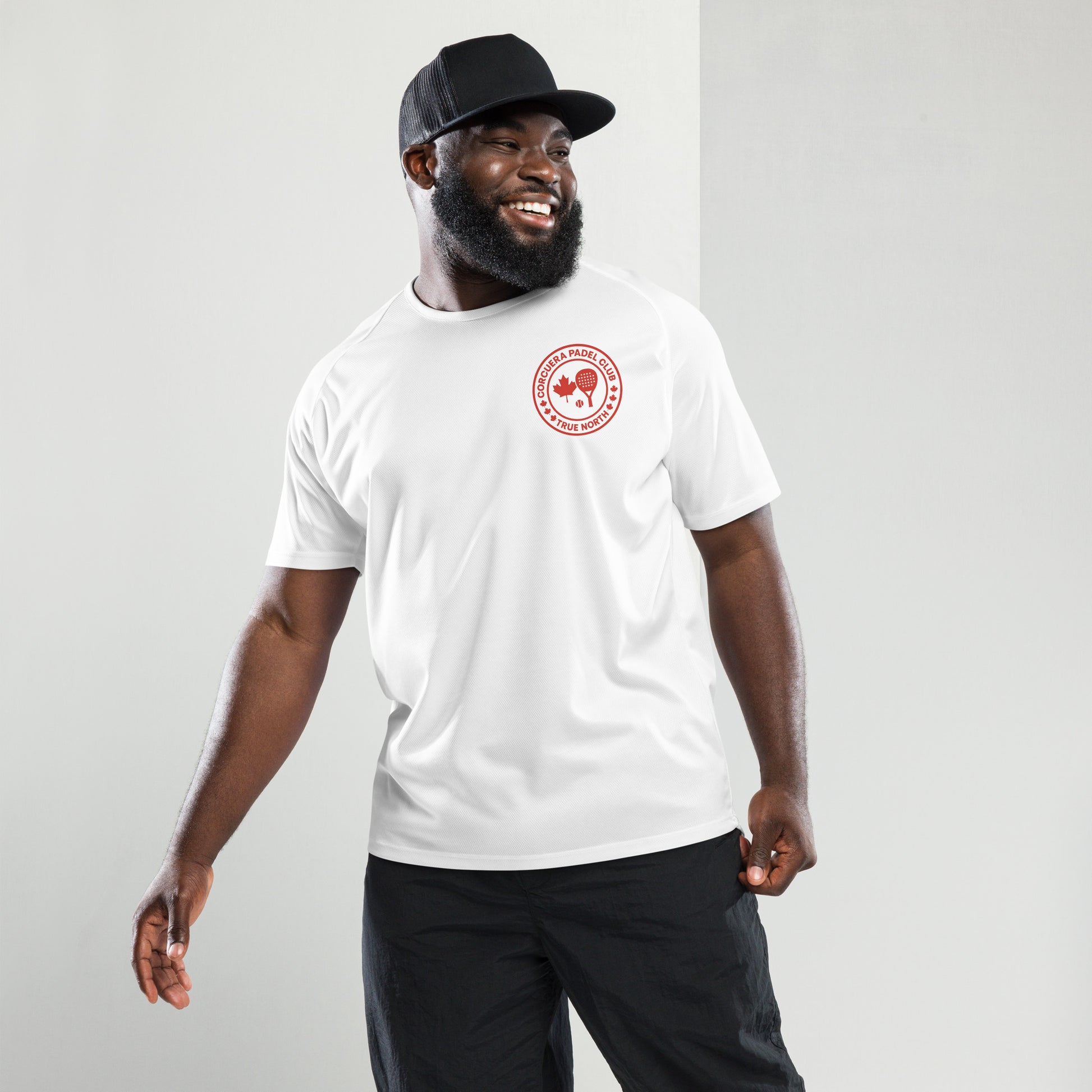 Man wearing True North Canada Padel Club Players T-Shirt with bold maple leaf design, premium breathable cotton blend, unisex athletic fit by Corcuera Padel Club.
