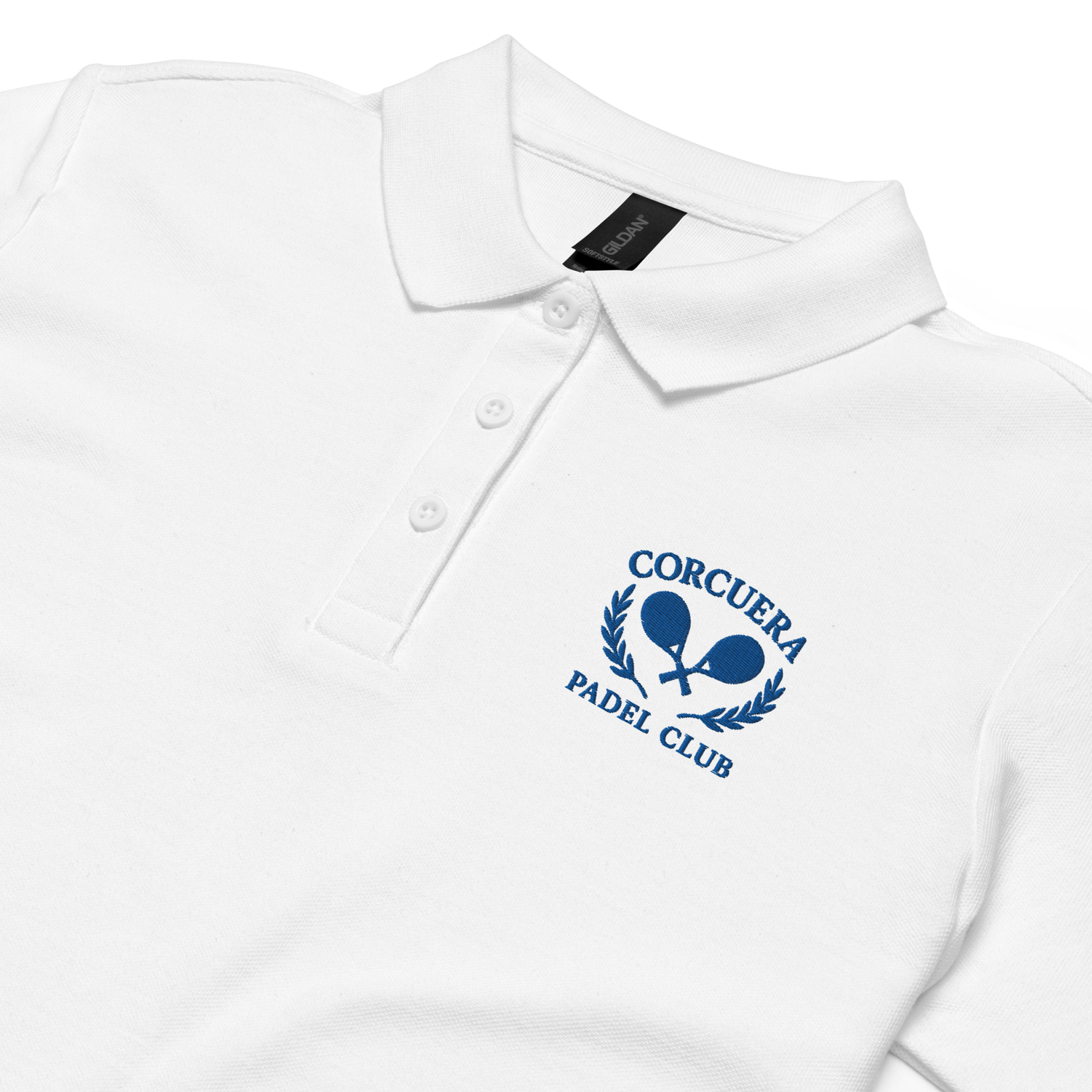 Women’s pickleball and padel polo shirt – breathable white piqué cotton with Corcuera club logo, tailored fit for sport and lifestyle wear.